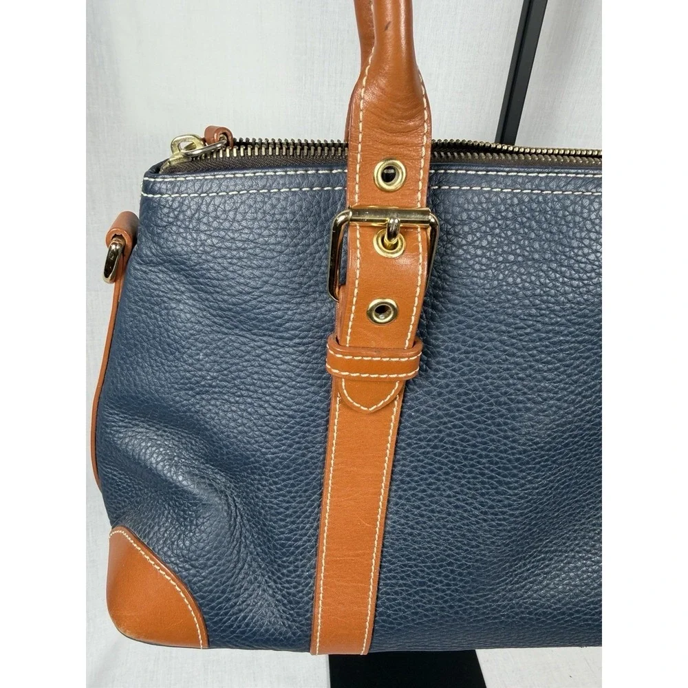 Dooney‎ & Bourke Pebbled Leather Domed Satchel Navy Tan Zip Shoulder Bag Luxury